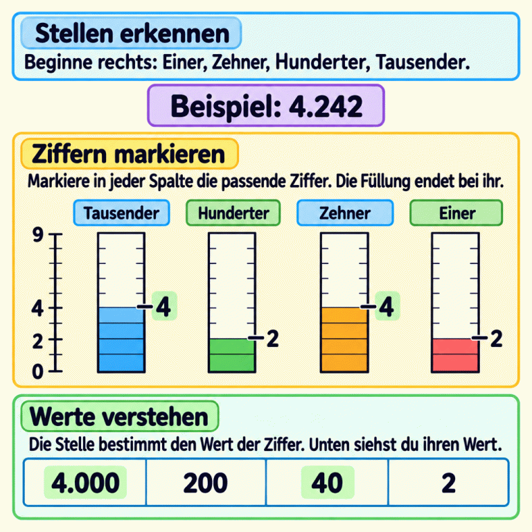 Lehrbeispiel zur Zahl 4.242. Von links nach rechts stehen die Spalten Tausender, Hunderter, Zehner und Einer. Die Füllungen enden bei den Ziffern 4, 2, 4 und 2. Unter den Spalten stehen die zugehörigen Werte 4.000, 200, 40 und 2. Die gleiche Ziffer kann an verschiedenen Stellen einen anderen Wert haben. Stellen erkennen: Beginne rechts: Einer, Zehner, Hunderter, Tausender. Ziffern markieren: Markiere in jeder Spalte die passende Ziffer. Die Füllung endet bei ihr. Werte verstehen: Die Stelle bestimmt den Wert der Ziffer. Unten siehst du ihren Wert. Beispiel: 4.242 Tausender Hunderter Zehner Einer 2 4 9 4.000 200 40