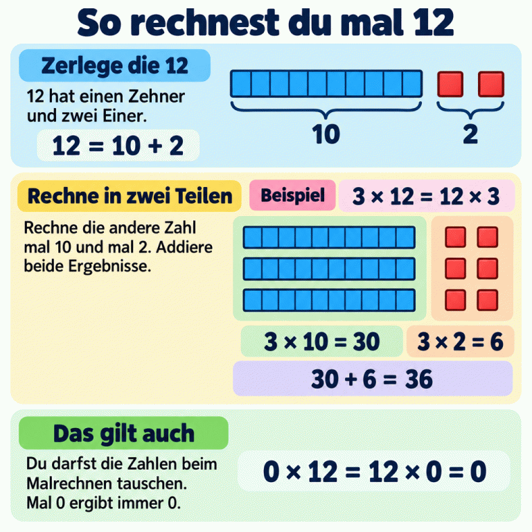 So rechnest du mal 12: Zerlege 12 in 10 und 2, also einen Zehner und zwei Einer. Das Beispiel 3 mal 12 zeigt drei Gruppen mit jeweils einem Zehnerstreifen und zwei Einerplättchen. 3 mal 10 ergibt 30, 3 mal 2 ergibt 6. Zusammen sind das 36. Die Zahlen beim Malrechnen darfst du tauschen. Ist eine Zahl 0, ist das Ergebnis 0. So rechnest du mal 12 Zerlege die 12: 12 hat einen Zehner und zwei Einer. Rechne in zwei Teilen: Rechne die andere Zahl mal 10 und mal 2. Addiere beide Ergebnisse. Das gilt auch: Du darfst die Zahlen beim Malrechnen tauschen. Mal 0 ergibt immer 0. 12 = 10 + 2 Beispiel 3 × 12 = 12 × 3 3 × 10 = 30 3 × 2 = 6 30 + 6 = 36 0 × 12 = 12 × 0 = 0 10 2