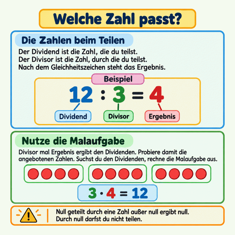 Beispiel: Zwölf geteilt durch drei ergibt vier. Zwölf ist der Dividend, drei der Divisor und vier das Ergebnis. Drei Gruppen mit je vier Plättchen zeigen die Malprobe: drei mal vier ergibt zwölf. Mit dieser Malaufgabe prüfst du angebotene Zahlen oder berechnest einen gesuchten Dividenden. Null geteilt durch eine Zahl außer null ergibt null. Durch null darfst du nicht teilen. Welche Zahl passt? Die Zahlen beim Teilen: Der Dividend ist die Zahl, die du teilst. Der Divisor ist die Zahl, durch die du teilst. Nach dem Gleichheitszeichen steht das Ergebnis. Nutze die Malaufgabe: Divisor mal Ergebnis ergibt den Dividenden. Probiere damit die angebotenen Zahlen. Suchst du den Dividenden, rechne die Malaufgabe aus. Null geteilt durch eine Zahl außer null ergibt null. Durch null darfst du nicht teilen. Beispiel 12 ∶ 3 = 4 Dividend Divisor Ergebnis 3 · 4 = 12 !