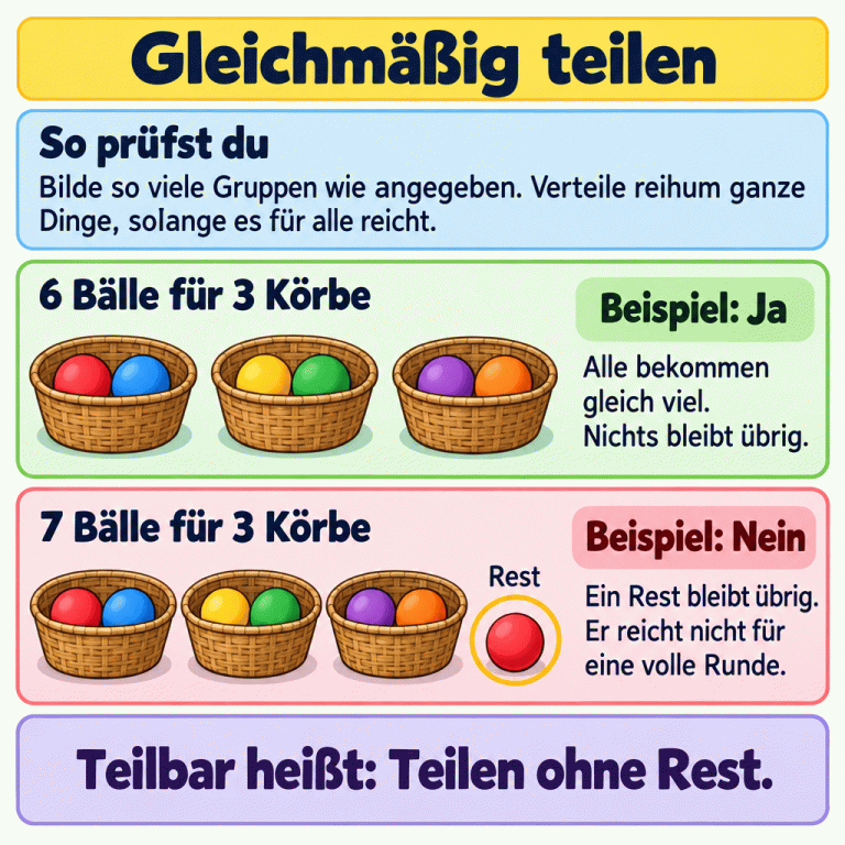 Zwei Beispiele zeigen das Teilen ganzer Bälle auf drei Körbe. Bei sechs Bällen liegen in jedem Korb zwei Bälle. Nichts bleibt übrig: Ja. Bei sieben Bällen liegen ebenfalls in jedem Korb zwei Bälle. Ein Ball bleibt als Rest übrig und reicht nicht für eine weitere volle Runde: Nein. Ohne Rest ist die Zahl durch die Anzahl der Gruppen teilbar. Gleichmäßig teilen So prüfst du: Bilde so viele Gruppen wie angegeben. Verteile reihum ganze Dinge, solange es für alle reicht. Beispiel: Ja: Alle bekommen gleich viel. Nichts bleibt übrig. Beispiel: Nein: Ein Rest bleibt übrig. Er reicht nicht für eine volle Runde. Teilbar heißt: Teilen ohne Rest. 6 Bälle für 3 Körbe 7 Bälle für 3 Körbe Rest