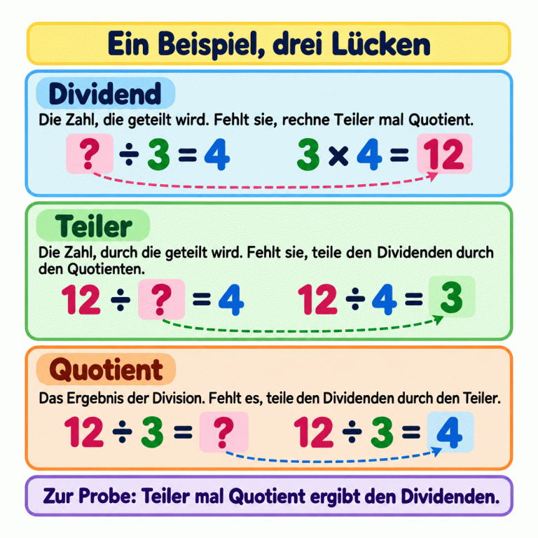 Ein Beispiel zeigt dieselbe Division mit drei verschiedenen Lücken. Fehlt der Dividend vor dem Geteiltzeichen, wird drei mal vier gerechnet: zwölf. Fehlt der Teiler nach dem Geteiltzeichen, wird zwölf durch vier geteilt: drei. Fehlt der Quotient nach dem Gleichheitszeichen, wird zwölf durch drei geteilt: vier. Zur Probe ergibt Teiler mal Quotient den Dividenden. Ein Beispiel, drei Lücken Dividend: Die Zahl, die geteilt wird. Fehlt sie, rechne Teiler mal Quotient. Teiler: Die Zahl, durch die geteilt wird. Fehlt sie, teile den Dividenden durch den Quotienten. Quotient: Das Ergebnis der Division. Fehlt es, teile den Dividenden durch den Teiler. Zur Probe: Teiler mal Quotient ergibt den Dividenden. ? ÷ 3 = 4 3 × 4 = 12 12 ÷ ? = 4 12 ÷ 4 = 3 12 ÷ 3 = ? 12 ÷ 3 = 4