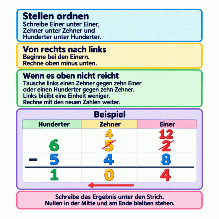 Die Karte erklärt, wie dreistellige Zahlen stellenweise von rechts nach links subtrahiert werden. Bei Bedarf wird ein Zehner in zehn Einer oder ein Hunderter in zehn Zehner umgetauscht. Im gekennzeichneten Beispiel stehen 652 und 548 untereinander. Aus fünf Zehnern und zwei Einern werden vier Zehner und zwölf Einer; die alten Stellenmengen sind gestrichen. Unter dem Rechenstrich steht das Ergebnis 104 mit einer Null in der Zehnerspalte. Stellen ordnen: Schreibe Einer unter Einer, Zehner unter Zehner und Hunderter unter Hunderter. Von rechts nach links: Beginne bei den Einern. Rechne oben minus unten. Wenn es oben nicht reicht: Tausche links einen Zehner gegen zehn Einer oder einen Hunderter gegen zehn Zehner. Links bleibt eine Einheit weniger. Rechne mit den neuen Zahlen weiter. Schreibe das Ergebnis unter den Strich. Nullen in der Mitte und am Ende bleiben stehen. Beispiel Hunderter Zehner Einer 652 548 104 4 12 −