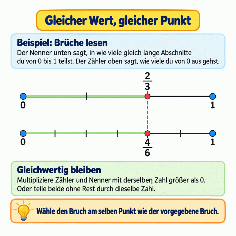 Lehrbeispiel für gleichwertige Brüche: Auf zwei Zahlenstrahlen von 0 bis 1 liegt 2/3 am selben Punkt wie 4/6. Oben sind drei gleich lange Abschnitte eingezeichnet, unten sechs. Von 0 bis zum Punkt sind es oben zwei und unten vier Abschnitte. Zähler und Nenner werden gemeinsam verdoppelt oder in der Gegenrichtung durch 2 geteilt. Der Wert bleibt gleich. Gesucht ist der Bruch am selben Punkt wie der vorgegebene Bruch. Gleicher Wert, gleicher Punkt Beispiel: Brüche lesen: Der Nenner unten sagt, in wie viele gleich lange Abschnitte du von 0 bis 1 teilst. Der Zähler oben sagt, wie viele du von 0 aus gehst. Gleichwertig bleiben: Multipliziere Zähler und Nenner mit derselben Zahl größer als 0. Oder teile beide ohne Rest durch dieselbe Zahl. Wähle den Bruch am selben Punkt wie der vorgegebene Bruch. 1 2/3 4/6