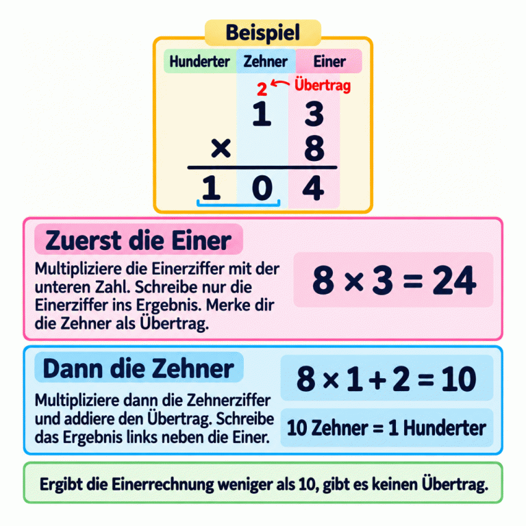 Ein Beispiel zeigt 13 mal 8 in den Spalten Hunderter, Zehner und Einer. Zuerst: 8 mal 3 ergibt 24. Die 4 wird als Einer geschrieben, 2 Zehner werden als Übertrag gemerkt. Danach: 8 mal 1 plus 2 ergibt 10 Zehner, also 1 Hunderter und 0 Zehner. Das Ergebnis ist 104. Ergibt die Einerrechnung weniger als 10, gibt es keinen Übertrag. Zuerst die Einer: Multipliziere die Einerziffer mit der unteren Zahl. Schreibe nur die Einerziffer ins Ergebnis. Merke dir die Zehner als Übertrag. Dann die Zehner: Multipliziere dann die Zehnerziffer und addiere den Übertrag. Schreibe das Ergebnis links neben die Einer. Ergibt die Einerrechnung weniger als 10, gibt es keinen Übertrag. Beispiel Hunderter Zehner Einer 13 × 8 2 Übertrag 104 8 × 3 = 24 8 × 1 + 2 = 10 10 Zehner = 1 Hunderter