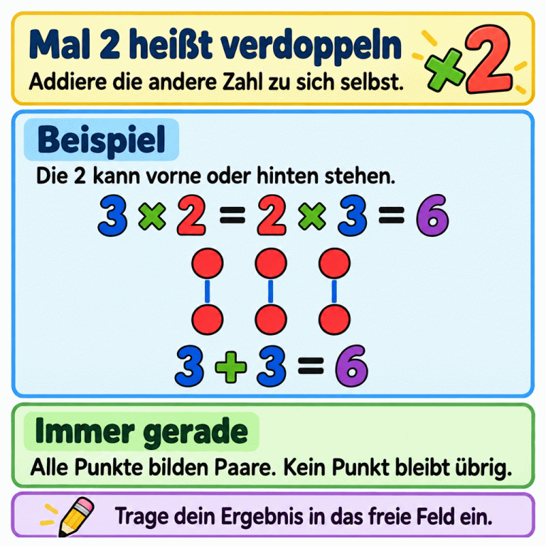 Lernkarte zum Verdoppeln: Bei mal 2 wird die andere Zahl zu sich selbst addiert. Das Beispiel zeigt 3 mal 2 und 2 mal 3 mit dem Ergebnis 6 sowie 3 plus 3 gleich 6. Sechs Punkte bilden zwei Gruppen mit je drei Punkten und zugleich drei vollständige Paare. Kein Punkt bleibt übrig: Das Ergebnis ist gerade. Abschließend wird an die Ergebniseingabe erinnert. Mal 2 heißt verdoppeln: Addiere die andere Zahl zu sich selbst. Beispiel: Die 2 kann vorne oder hinten stehen. Immer gerade: Alle Punkte bilden Paare. Kein Punkt bleibt übrig. Trage dein Ergebnis in das freie Feld ein. 3 × 2 = 2 × 3 = 6 3 + 3 = 6 × 2