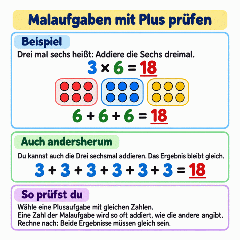 Beispiel: Drei mal sechs ergibt achtzehn. Drei Gruppen mit jeweils sechs Punkten zeigen sechs plus sechs plus sechs. Auch sechsmal die Drei ergibt achtzehn. Für deine Aufgabe prüfst du: Eine Zahl der Malaufgabe wird so oft addiert, wie die andere angibt. Das Ergebnis der Plusaufgabe muss mit dem Ergebnis der Malaufgabe übereinstimmen. Malaufgaben mit Plus prüfen Beispiel: Drei mal sechs heißt: Addiere die Sechs dreimal. Auch andersherum: Du kannst auch die Drei sechsmal addieren. Das Ergebnis bleibt gleich. So prüfst du: Wähle eine Plusaufgabe mit gleichen Zahlen. Eine Zahl der Malaufgabe wird so oft addiert, wie die andere angibt. Rechne nach: Beide Ergebnisse müssen gleich sein. 3 × 6 = 18 6 + 6 + 6 = 18 3 + 3 + 3 + 3 + 3 + 3 = 18