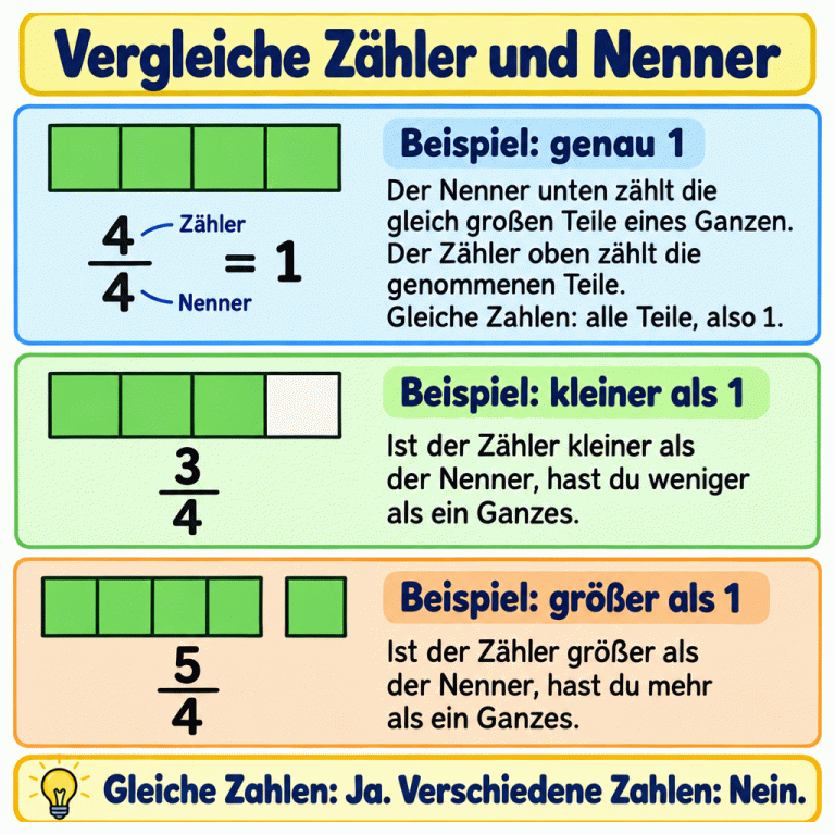 Drei gekennzeichnete Bruchbeispiele mit gleich großen Vierteln. Vier Viertel zeigen alle vier Teile markiert: Zähler und Nenner sind gleich, der Bruch ist 1. Bei drei Vierteln bleibt ein Teil unmarkiert: weniger als ein Ganzes. Fünf Viertel zeigen ein Ganzes und ein zusätzliches Viertel: mehr als ein Ganzes. Der Zähler steht oben, der Nenner unten. Gleiche Zahlen bedeuten Ja, verschiedene Zahlen Nein. Vergleiche Zähler und Nenner Beispiel: genau 1: Der Nenner unten zählt die gleich großen Teile eines Ganzen. Der Zähler oben zählt die genommenen Teile. Gleiche Zahlen: alle Teile, also 1. Beispiel: kleiner als 1: Ist der Zähler kleiner als der Nenner, hast du weniger als ein Ganzes. Beispiel: größer als 1: Ist der Zähler größer als der Nenner, hast du mehr als ein Ganzes. Gleiche Zahlen: Ja. Verschiedene Zahlen: Nein. 4 3 5 = 1 Zähler Nenner