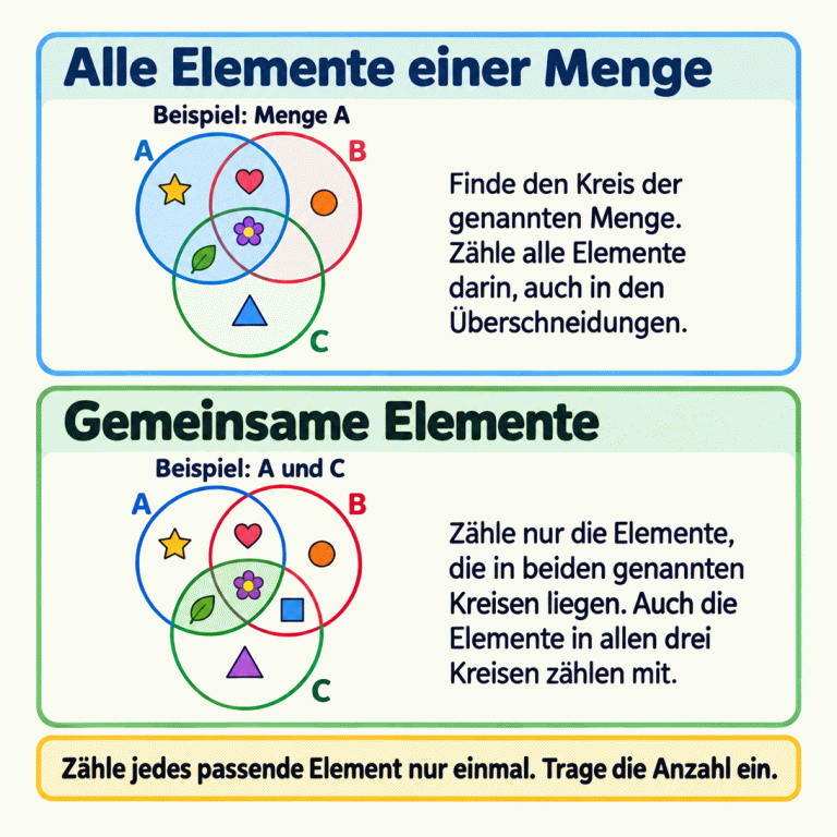 Zwei Venn-Diagramme mit den Mengen A, B und C. Oben wird der gesamte Kreis A hervorgehoben, einschließlich aller Überschneidungen. Unten ist die gemeinsame Fläche von A und C hervorgehoben, auch dort, wo B sie überlappt. Runde Elemente liegen eindeutig in den verschiedenen Bereichen. Die Regeln erklären: passende Elemente genau einmal zählen und die Anzahl eintragen. Alle Elemente einer Menge: Finde den Kreis der genannten Menge. Zähle alle Elemente darin, auch in den Überschneidungen. Gemeinsame Elemente: Zähle nur die Elemente, die in beiden genannten Kreisen liegen. Auch die Elemente in allen drei Kreisen zählen mit. Zähle jedes passende Element nur einmal. Trage die Anzahl ein. Beispiel: Menge A Beispiel: A und C A B C