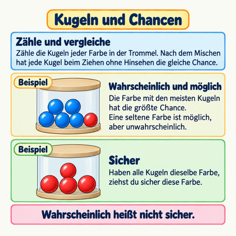 Zwei Beispiele zeigen Kugeln in Trommeln. In der ersten sind fünf blaue und eine rote Kugel. Blau hat die größte Chance; Rot ist möglich, aber unwahrscheinlich. In der zweiten sind nur rote Kugeln. Dort ist Rot sicher. Zähle und vergleiche die Kugeln jeder Farbe. Nach dem Mischen hat jede Kugel beim Ziehen ohne Hinsehen die gleiche Chance. Wahrscheinlich heißt nicht sicher. Kugeln und Chancen Zähle und vergleiche: Zähle die Kugeln jeder Farbe in der Trommel. Nach dem Mischen hat jede Kugel beim Ziehen ohne Hinsehen die gleiche Chance. Wahrscheinlich und möglich: Die Farbe mit den meisten Kugeln hat die größte Chance. Eine seltene Farbe ist möglich, aber unwahrscheinlich. Sicher: Haben alle Kugeln dieselbe Farbe, ziehst du sicher diese Farbe. Wahrscheinlich heißt nicht sicher. Beispiel