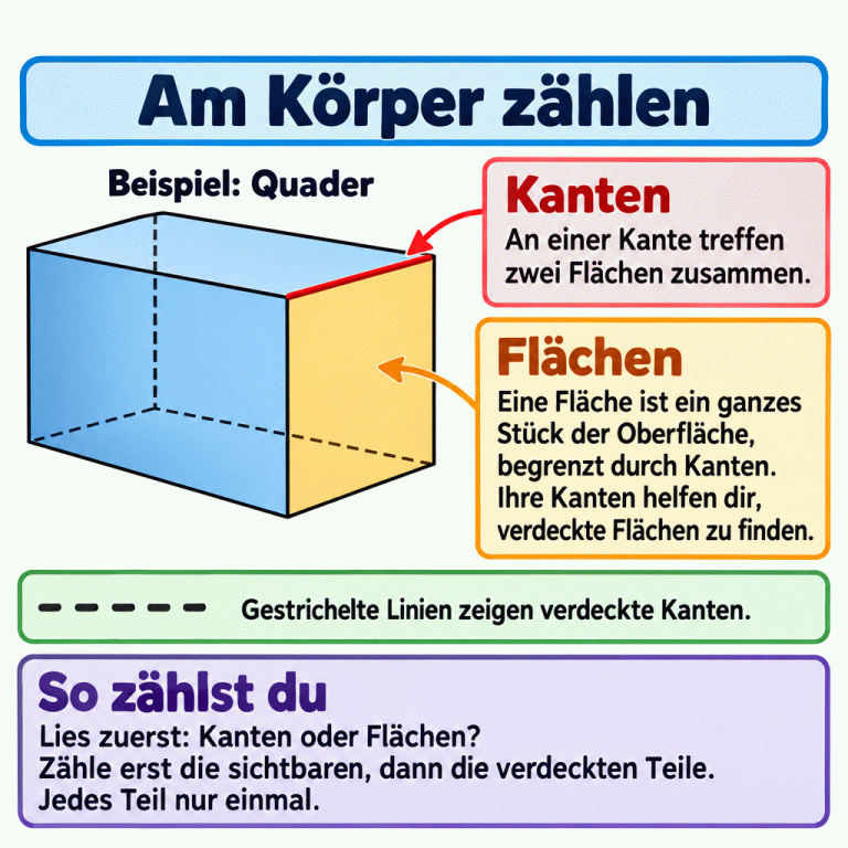Ein Quader dient als Lehrbeispiel. Eine Kante und eine ganze Fläche sind hervorgehoben; verdeckte Kanten sind gestrichelt. Die Erklärung unterscheidet Kanten von Flächen und leitet dazu an, je nach Frage zuerst sichtbare und dann verdeckte Bestandteile jeweils einmal zu zählen. Am Körper zählen Kanten: An einer Kante treffen zwei Flächen zusammen. Flächen: Eine Fläche ist ein ganzes Stück der Oberfläche, begrenzt durch Kanten. Ihre Kanten helfen dir, verdeckte Flächen zu finden. So zählst du: Lies zuerst: Kanten oder Flächen? Zähle erst die sichtbaren, dann die verdeckten Teile. Jedes Teil nur einmal. Gestrichelte Linien zeigen verdeckte Kanten. Beispiel: Quader