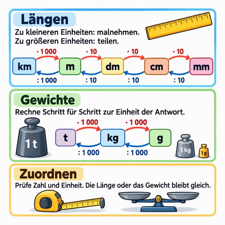 Zwei Umrechnungswege für Längen und Gewichte. Kilometer in Meter: mal 1 000. Meter in Dezimeter, Dezimeter in Zentimeter und Zentimeter in Millimeter: je Schritt mal 10. Tonnen in Kilogramm und Kilogramm in Gramm: je Schritt mal 1 000. In der Gegenrichtung wird jeweils durch dieselbe Zahl geteilt. Rechne jeden Schritt und prüfe Zahl und Einheit der Antwort. Die Länge oder das Gewicht bleibt gleich. Längen: Zu kleineren Einheiten: malnehmen. Zu größeren Einheiten: teilen. Gewichte: Rechne Schritt für Schritt zur Einheit der Antwort. Zuordnen: Prüfe Zahl und Einheit. Die Länge oder das Gewicht bleibt gleich. km m dm cm mm t kg g · 1 000 : 1 000 · 10 : 10 1 t 1kg 1g