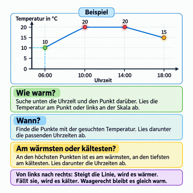 Ein Beispieldiagramm mit Uhrzeiten unten und Temperaturen in Grad Celsius links. Es zeigt um 6 Uhr 10 Grad, um 10 und 14 Uhr jeweils 20 Grad und um 18 Uhr 15 Grad. Die Linie steigt, bleibt waagerecht und fällt. Die höchsten Messpunkte liegen bei 10 und 14 Uhr, der tiefste bei 6 Uhr. Drei Textabschnitte erklären, wie du zu einer Uhrzeit die Temperatur, zu einer Temperatur die passenden Uhrzeiten und die wärmsten oder kältesten Zeitpunkte findest. Wie warm?: Suche unten die Uhrzeit und den Punkt darüber. Lies die Temperatur am Punkt oder links an der Skala ab. Wann?: Finde die Punkte mit der gesuchten Temperatur. Lies darunter die passenden Uhrzeiten ab. Am wärmsten oder kältesten?: An den höchsten Punkten ist es am wärmsten, an den tiefsten am kältesten. Lies darunter die Uhrzeiten ab. Von links nach rechts: Steigt die Linie, wird es wärmer. Fällt sie, wird es kälter. Waagerecht bleibt es gleich warm. Beispiel Temperatur in °C Uhrzeit 5 10 15 20 06:00 10:00 14:00 18:00