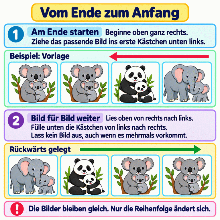 Lehrbeispiel mit zwei Reihen aus jeweils vier vollständigen Tierbildern. Oben stehen von links nach rechts Koala mit Jungtier, Koala mit Jungtier, Panda mit Jungtier und Elefant mit Jungtier. Unten stehen dieselben Bilder rückwärts: Elefant mit Jungtier, Panda mit Jungtier, Koala mit Jungtier und Koala mit Jungtier. Die Vorlage wird von rechts nach links gelesen, die unteren Kästchen werden von links nach rechts gefüllt. Jedes Tierpaar bleibt zusammen. Auch gleiche Bilder erhalten jedes Mal einen eigenen Platz. Vom Ende zum Anfang Am Ende starten: Beginne oben ganz rechts. Ziehe das passende Bild ins erste Kästchen unten links. Bild für Bild weiter: Lies oben von rechts nach links. Fülle unten die Kästchen von links nach rechts. Lass kein Bild aus, auch wenn es mehrmals vorkommt. Die Bilder bleiben gleich. Nur die Reihenfolge ändert sich. Beispiel: Vorlage Rückwärts gelegt 1 2 !