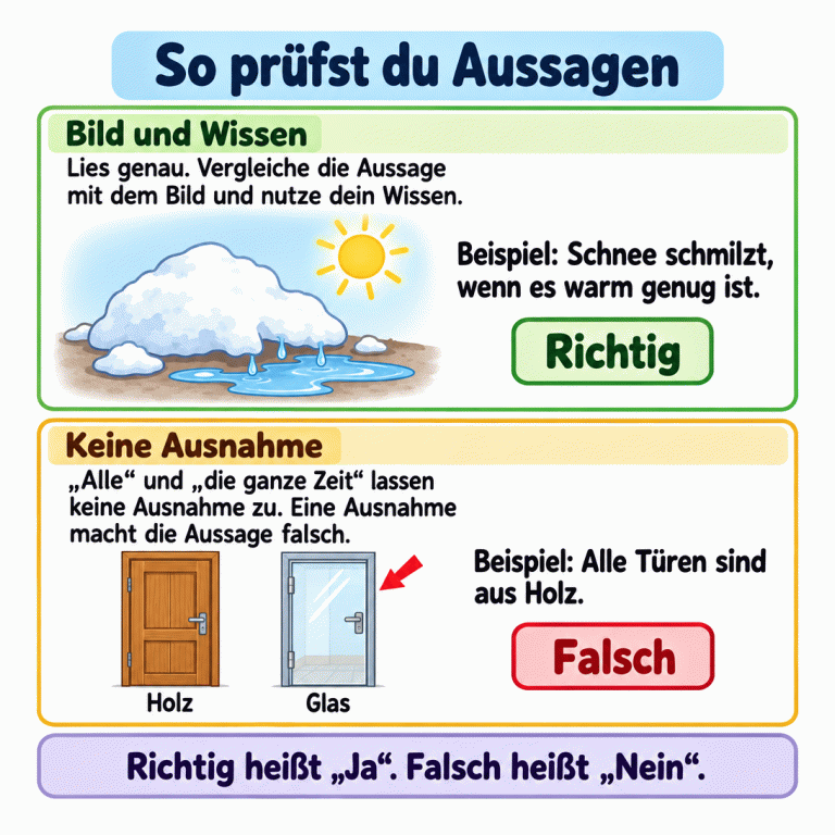 Die Karte erklärt, wie du Aussagen prüfst: Lies genau und nutze das Bild und dein Wissen. Wenn es warm genug ist, schmilzt Schnee zu Wasser. Dieses Lehrbeispiel ist richtig. Eine Tür ist aus Holz, eine andere hat ein gläsernes Türblatt. Deshalb ist die Beispielaussage „Alle Türen sind aus Holz.“ falsch: Die Glastür ist eine Ausnahme. „Alle“ und „die ganze Zeit“ lassen keine Ausnahme zu. Richtig heißt „Ja“, falsch heißt „Nein“. So prüfst du Aussagen Bild und Wissen: Lies genau. Vergleiche die Aussage mit dem Bild und nutze dein Wissen. Keine Ausnahme: „Alle“ und „die ganze Zeit“ lassen keine Ausnahme zu. Eine Ausnahme macht die Aussage falsch. Richtig heißt „Ja“. Falsch heißt „Nein“. Beispiel: Schnee schmilzt, wenn es warm genug ist. Richtig Beispiel: Alle Türen sind aus Holz. Holz Glas Falsch