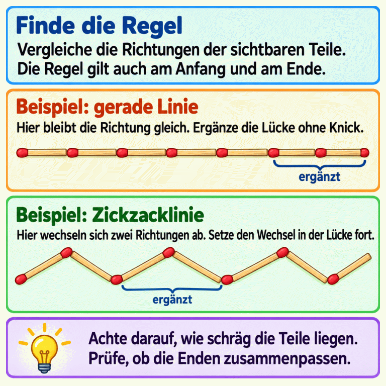 Zwei Lehrbeispiele zeigen ergänzte Streichholzlinien. In der geraden Reihe bleibt die waagerechte Richtung gleich; markierte Teile verlängern die Linie am Ende. In der Zickzackreihe wechseln ansteigende und abfallende Richtungen; die markierten Teile in der Mitte setzen diesen Wechsel fort. Die Texte erklären, dass die Regel auch für Lücken am Anfang gilt und die Enden der Teile zusammenpassen müssen. Finde die Regel: Vergleiche die Richtungen der sichtbaren Teile. Die Regel gilt auch am Anfang und am Ende. Beispiel: gerade Linie: Hier bleibt die Richtung gleich. Ergänze die Lücke ohne Knick. Beispiel: Zickzacklinie: Hier wechseln sich zwei Richtungen ab. Setze den Wechsel in der Lücke fort. Achte darauf, wie schräg die Teile liegen. Prüfe, ob die Enden zusammenpassen. ergänzt