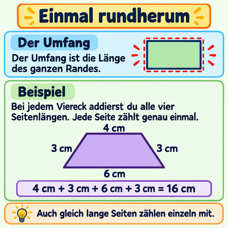 Der Umfang ist die Länge des ganzen Randes. Bei jedem Viereck werden alle vier Seitenlängen addiert. Ein Trapez dient als Beispiel: Seine Seiten sind 4 cm, 3 cm, 6 cm und 3 cm lang. Die Rechnung lautet: 4 cm + 3 cm + 6 cm + 3 cm = 16 cm. Jede Seite zählt genau einmal, auch gleich lange Seiten. Einmal rundherum Der Umfang: Der Umfang ist die Länge des ganzen Randes. Beispiel: Bei jedem Viereck addierst du alle vier Seitenlängen. Jede Seite zählt genau einmal. Auch gleich lange Seiten zählen einzeln mit. 4 cm 3 cm 6 cm 4 cm + 3 cm + 6 cm + 3 cm = 16 cm