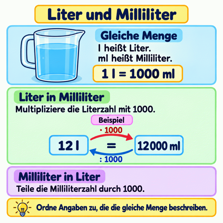 Eine Lernkarte zu Litern und Millilitern. l heißt Liter, ml heißt Milliliter. Ein Messbecher veranschaulicht dieselbe Menge mit zwei Einheiten: 1 l = 1000 ml. Am gekennzeichneten Beispiel 12 l = 12000 ml werden beide Rechenwege gezeigt: die Literzahl mit 1000 multiplizieren oder die Milliliterzahl durch 1000 teilen. Zugeordnet werden Angaben, die die gleiche Menge beschreiben. Liter und Milliliter Gleiche Menge: l heißt Liter.
ml heißt Milliliter. Liter in Milliliter: Multipliziere die Literzahl mit 1000. Milliliter in Liter: Teile die Milliliterzahl durch 1000. Ordne Angaben zu, die die gleiche Menge beschreiben. 1 l = 1000 ml Beispiel 12 l = 12000 ml · 1000 : 1000