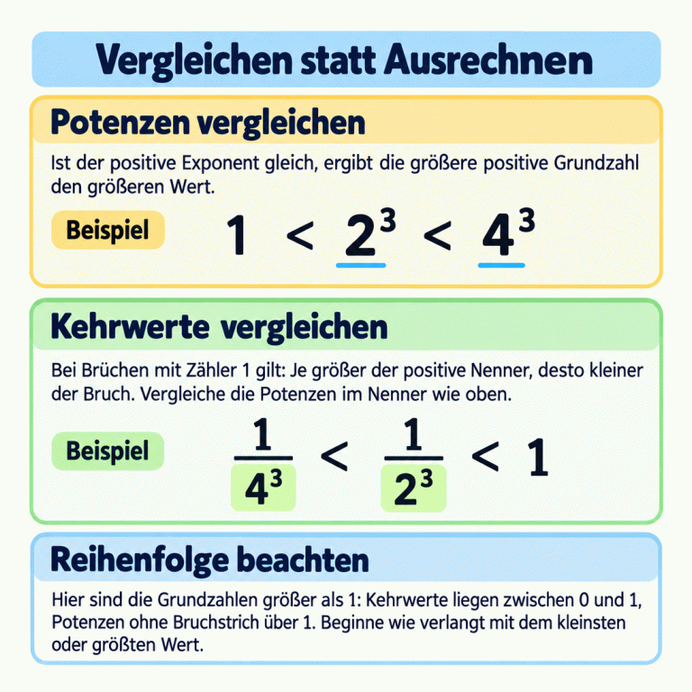 Erklärkarte zum Ordnen von Potenzen und Kehrwerten. Bei gleichem positiven Exponenten ergibt die größere positive Grundzahl den größeren Wert. Das Lehrbeispiel zeigt: Eins ist kleiner als zwei hoch drei, und zwei hoch drei ist kleiner als vier hoch drei. Bei Kehrwerten ist der Bruch mit Nenner vier hoch drei kleiner als der mit Nenner zwei hoch drei; beide sind kleiner als eins. Für die Grundzahlen dieser Aktivität liegen Kehrwerte zwischen null und eins und Potenzen ohne Bruchstrich über eins. Die Aufgabe bestimmt, ob mit dem kleinsten oder größten Wert begonnen wird. Vergleichen statt Ausrechnen Potenzen vergleichen: Ist der positive Exponent gleich, ergibt die größere positive Grundzahl den größeren Wert. Kehrwerte vergleichen: Bei Brüchen mit Zähler 1 gilt: Je größer der positive Nenner, desto kleiner der Bruch. Vergleiche die Potenzen im Nenner wie oben. Reihenfolge beachten: Hier sind die Grundzahlen größer als 1: Kehrwerte liegen zwischen 0 und 1, Potenzen ohne Bruchstrich über 1. Beginne wie verlangt mit dem kleinsten oder größten Wert. Beispiel 1 < 2³ < 4³ \frac{1}{4^{3}} < \frac{1}{2^{3}} < 1