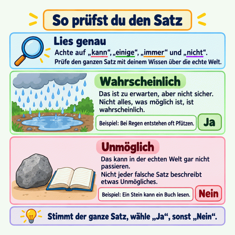 Lernkarte zum Prüfen von Aussagen. Achte auf „kann“, „einige“, „immer“ und „nicht“ und nutze dein Wissen über die echte Welt. Wahrscheinlich bedeutet: zu erwarten, aber nicht sicher. Möglich ist nicht automatisch wahrscheinlich. Regen mit einer Pfütze veranschaulicht den Beispielsatz „Bei Regen entstehen oft Pfützen“ mit dem Urteil „Ja“. Ein Stein neben einem Buch begleitet die unmögliche Behauptung „Ein Stein kann ein Buch lesen“ mit dem Urteil „Nein“. Nicht jeder falsche Satz beschreibt etwas Unmögliches. Stimmt der ganze Satz, wähle Ja, sonst Nein. So prüfst du den Satz Lies genau: Achte auf „kann“, „einige“, „immer“ und „nicht“. Prüfe den ganzen Satz mit deinem Wissen über die echte Welt. Wahrscheinlich: Das ist zu erwarten, aber nicht sicher. Nicht alles, was möglich ist, ist wahrscheinlich. Unmöglich: Das kann in der echten Welt gar nicht passieren. Nicht jeder falsche Satz beschreibt etwas Unmögliches. Stimmt der ganze Satz, wähle „Ja“, sonst „Nein“. Beispiel: Bei Regen entstehen oft Pfützen. Ja Beispiel: Ein Stein kann ein Buch lesen. Nein