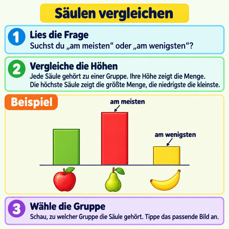 Eine Lernkarte erklärt das Vergleichen von Säulen. Ein als Beispiel gekennzeichnetes Diagramm zeigt drei Obstgruppen mit Apfel-, Birnen- und Bananensymbolen. Die unterschiedlich hohen Säulen beginnen an derselben Grundlinie. Die höchste ist mit „am meisten“, die niedrigste mit „am wenigsten“ beschriftet. Die Anleitung führt vom Lesen der Frage über den Höhenvergleich zur passenden Gruppe und ihrem Auswahlbild. Säulen vergleichen Lies die Frage: Suchst du „am meisten“ oder „am wenigsten“? Vergleiche die Höhen: Jede Säule gehört zu einer Gruppe. Ihre Höhe zeigt die Menge. Die höchste Säule zeigt die größte Menge, die niedrigste die kleinste. Wähle die Gruppe: Schau, zu welcher Gruppe die Säule gehört. Tippe das passende Bild an. Beispiel am meisten am wenigsten 1 2 3