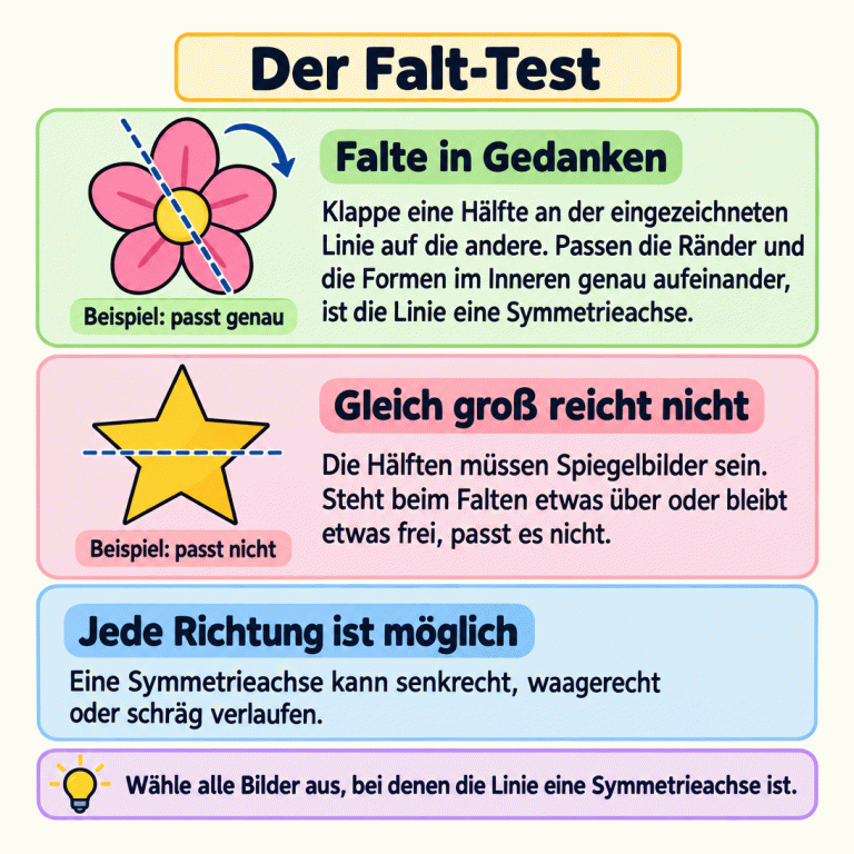 Lernkarte zum Falt-Test mit zwei Beispielen: Die Blütenhälften passen an ihrer eingezeichneten Linie genau aufeinander. Beim Stern passen die Hälften an der gewählten Linie nicht. Ränder und Formen im Inneren müssen sich beim gedanklichen Falten decken; gleich große Teile allein reichen nicht. Symmetrieachsen können senkrecht, waagerecht oder schräg verlaufen. Ausgewählt werden alle Bilder, deren eingezeichnete Linie eine Symmetrieachse ist. Der Falt-Test Falte in Gedanken: Klappe eine Hälfte an der eingezeichneten Linie auf die andere. Passen die Ränder und die Formen im Inneren genau aufeinander, ist die Linie eine Symmetrieachse. Gleich groß reicht nicht: Die Hälften müssen Spiegelbilder sein. Steht beim Falten etwas über oder bleibt etwas frei, passt es nicht. Jede Richtung ist möglich: Eine Symmetrieachse kann senkrecht, waagerecht oder schräg verlaufen. Wähle alle Bilder aus, bei denen die Linie eine Symmetrieachse ist. Beispiel: passt genau Beispiel: passt nicht