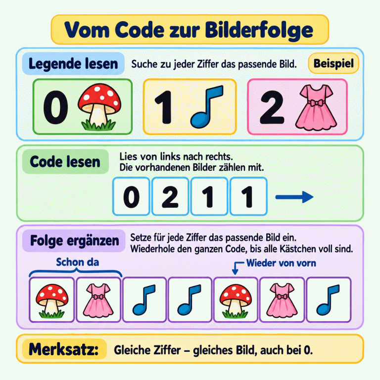 Beispiel: 0 steht für einen Pilz, 1 für eine Musiknote und 2 für ein Kleid. Lies den Code 0211 von links nach rechts. Pilz und Kleid sind am Anfang schon da und zählen mit. Ergänzt werden Musiknote, Musiknote, Pilz, Kleid und Musiknote. Nach den vier Codeziffern beginnt der Code wieder von vorn. Höre auf, wenn alle Kästchen gefüllt sind. Auch die 0 bekommt ein Bild. Vom Code zur Bilderfolge Legende lesen: Suche zu jeder Ziffer das passende Bild. Code lesen: Lies von links nach rechts. Die vorhandenen Bilder zählen mit. Folge ergänzen: Setze für jede Ziffer das passende Bild ein. Wiederhole den ganzen Code, bis alle Kästchen voll sind. Gleiche Ziffer – gleiches Bild, auch bei 0. Beispiel 1 2 Schon da Wieder von vorn Merksatz: