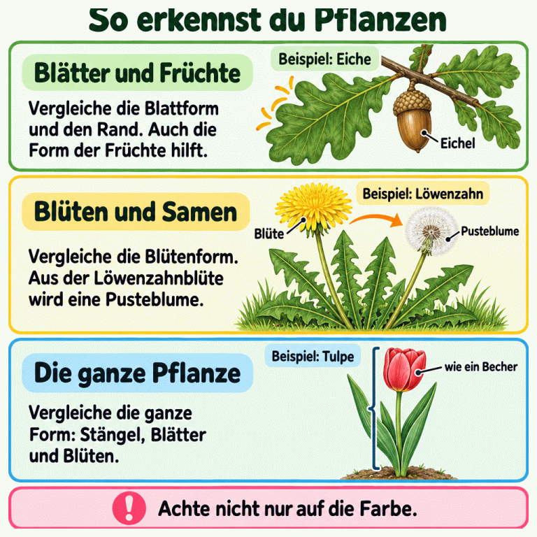 Drei Pflanzenbeispiele zeigen wichtige Merkmale: Ein Eichenast trägt ein Blatt mit runden Buchten am Rand und eine Eichel. Ein Löwenzahn zeigt eine Blüte und eine Pusteblume mit feinen Schirmchen. Eine ganze Tulpe hat eine Blüte wie ein Becher, einen Stängel und lange Blätter. Vergleiche die Pflanzenteile und die ganze Form, nicht nur die Farbe. So erkennst du Pflanzen Blätter und Früchte: Vergleiche die Blattform und den Rand. Auch die Form der Früchte hilft. Blüten und Samen: Vergleiche die Blütenform. Aus der Löwenzahnblüte wird eine Pusteblume. Die ganze Pflanze: Vergleiche die ganze Form: Stängel, Blätter und Blüten. Achte nicht nur auf die Farbe. Beispiel: Eiche Eichel Beispiel: Löwenzahn Blüte Pusteblume Beispiel: Tulpe wie ein Becher !