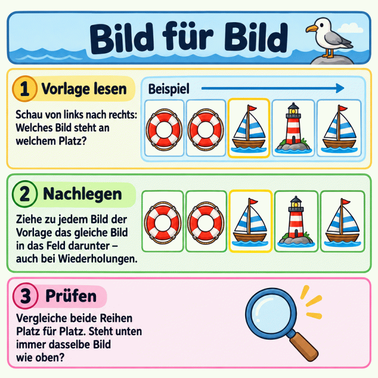 Ein Beispiel zeigt oben Rettungsring, Rettungsring, Segelboot, Leuchtturm, Segelboot und darunter dieselben Bilder in einzelnen Feldern. Die Anleitung erklärt das Lesen von links nach rechts, das Nachlegen und das Vergleichen beider Reihen Platz für Platz. Auch wiederholte Bilder behalten ihren eigenen Platz. Bild für Bild Vorlage lesen: Schau von links nach rechts: Welches Bild steht an welchem Platz? Nachlegen: Ziehe zu jedem Bild der Vorlage das gleiche Bild in das Feld darunter – auch bei Wiederholungen. Prüfen: Vergleiche beide Reihen Platz für Platz. Steht unten immer dasselbe Bild wie oben? Beispiel 1 2 3
