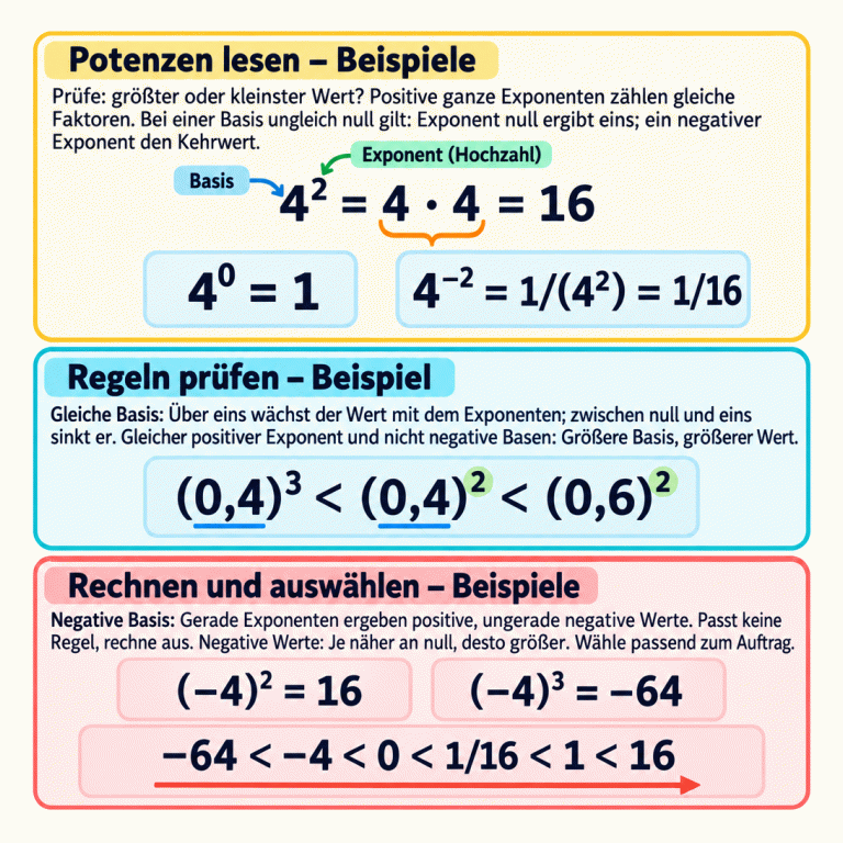 Drei Abschnitte erklären das Vergleichen von Potenzen anhand gekennzeichneter Lehrbeispiele. Vier hoch zwei bedeutet vier mal vier und ergibt sechzehn. Vier hoch null ist eins; vier hoch minus zwei ist ein Sechzehntel. Bei gleicher Basis über eins wächst der Wert mit dem Exponenten, zwischen null und eins sinkt er. Bei gleichem positivem Exponenten und nicht negativen Basen liefert die größere Basis den größeren Wert. Bei negativer Basis ergeben gerade Exponenten positive, ungerade negative Werte. Eine aufsteigende Wertekette ordnet negative Zahlen, null und positive Werte. Bei negativen Zahlen ist der Wert näher an null größer. Der Auftrag entscheidet, ob der größte oder kleinste Wert gewählt wird. Potenzen lesen – Beispiele: Prüfe: größter oder kleinster Wert? Positive ganze Exponenten zählen gleiche Faktoren. Bei einer Basis ungleich null gilt: Exponent null ergibt eins; ein negativer Exponent den Kehrwert. Regeln prüfen – Beispiel: Gleiche Basis: Über eins wächst der Wert mit dem Exponenten; zwischen null und eins sinkt er. Gleicher positiver Exponent und nicht negative Basen: Größere Basis, größerer Wert. Rechnen und auswählen – Beispiele: Negative Basis: Gerade Exponenten ergeben positive, ungerade negative Werte. Passt keine Regel, rechne aus. Negative Werte: Je näher an null, desto größer. Wähle passend zum Auftrag. 4² = 4 · 4 = 16 Basis Exponent (Hochzahl) 4⁰ = 1 4⁻² = 1/(4²) = 1/16 (0,4)³ < (0,4)² < (0,6)² (−4)² = 16 (−4)³ = −64 −64 < −4 < 0 < 1/16 < 1 < 16