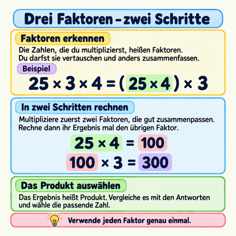 Eine Lernkarte erklärt das Multiplizieren mit drei Faktoren. Im Beispiel wird 25 × 3 × 4 zu (25 × 4) × 3 umgeordnet. Zuerst ergibt 25 mal 4 das Zwischenergebnis 100. Danach ergibt 100 mal 3 das Produkt 300. Jeder Faktor wird genau einmal verwendet. Das fertige Produkt wird mit den angebotenen Antworten verglichen. Drei Faktoren – zwei Schritte Faktoren erkennen: Die Zahlen, die du multiplizierst, heißen Faktoren. Du darfst sie vertauschen und anders zusammenfassen. In zwei Schritten rechnen: Multipliziere zuerst zwei Faktoren, die gut zusammenpassen. Rechne dann ihr Ergebnis mal den übrigen Faktor. Das Produkt auswählen: Das Ergebnis heißt Produkt. Vergleiche es mit den Antworten und wähle die passende Zahl. Verwende jeden Faktor genau einmal. Beispiel 25 × 3 × 4 = (25 × 4) × 3 25 × 4 = 100 100 × 3 = 300