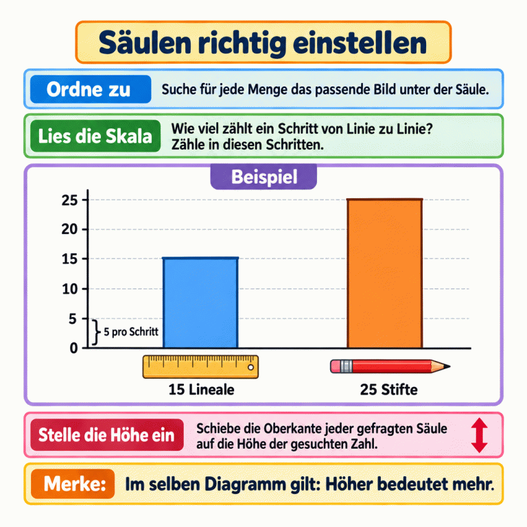 So stellst du Säulen ein: Ordne jede Menge dem passenden Bild zu. Lies die Skala und prüfe, wie viel ein Schritt zählt. Schiebe die Oberkante auf die Höhe der gesuchten Zahl. Das gekennzeichnete Beispiel zeigt 15 Lineale und 25 Stifte auf einer Skala in Fünferschritten. Beide Säulen beginnen bei null und enden auf Höhe ihrer jeweiligen Zahl. Säulen richtig einstellen Ordne zu: Suche für jede Menge das passende Bild unter der Säule. Lies die Skala: Wie viel zählt ein Schritt von Linie zu Linie? Zähle in diesen Schritten. Stelle die Höhe ein: Schiebe die Oberkante jeder gefragten Säule auf die Höhe der gesuchten Zahl. Im selben Diagramm gilt: Höher bedeutet mehr. Beispiel 15 Lineale 25 Stifte 5 10 15 20 25 5 pro Schritt Merke: