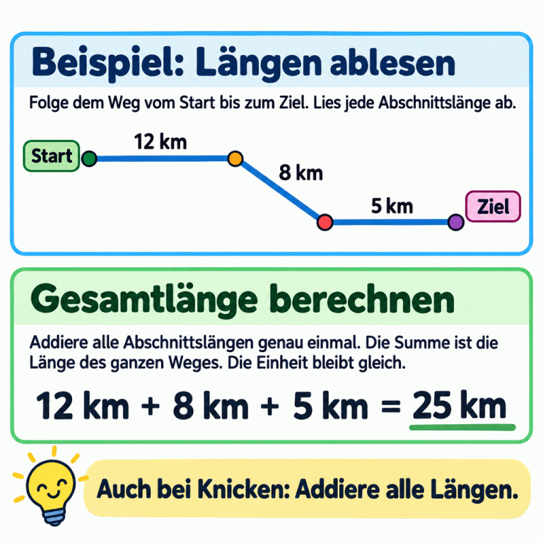 Ein ausdrücklich gekennzeichneter Beispielweg führt vom Start zum Ziel und besteht aus drei geraden Abschnitten mit zwei Knicken. Die Abschnittslängen sind 12 km, 8 km und 5 km. Alle drei Längen werden genau einmal addiert und ergeben zusammen 25 km. Die Summe ist die Länge des ganzen Weges; die Einheit bleibt gleich. Beispiel: Längen ablesen: Folge dem Weg vom Start bis zum Ziel. Lies jede Abschnittslänge ab. Gesamtlänge berechnen: Addiere alle Abschnittslängen genau einmal. Die Summe ist die Länge des ganzen Weges. Die Einheit bleibt gleich. Auch bei Knicken: Addiere alle Längen. Start Ziel 12 km 8 km 5 km + = 25 km
