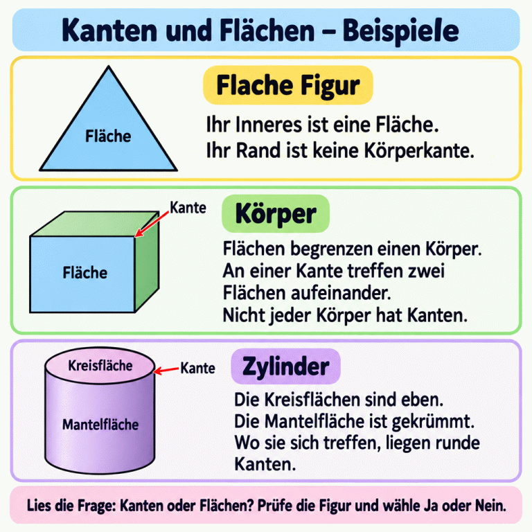 Drei Lehrbeispiele erklären Kanten und Flächen. Eine flache Figur hat eine Innenfläche, aber keine Körperkante. Ein Körper zeigt ebene Flächen und eine Kante an ihrer gemeinsamen Grenze. Ein Zylinder zeigt eine ebene Kreisfläche, eine gekrümmte Mantelfläche und eine runde Kante. Nicht jeder Körper hat Kanten. Lies die Frage und prüfe, ob die gesuchte Eigenschaft vorhanden ist. Kanten und Flächen – Beispiele Flache Figur: Ihr Inneres ist eine Fläche. Ihr Rand ist keine Körperkante. Körper: Flächen begrenzen einen Körper. An einer Kante treffen zwei Flächen aufeinander. Nicht jeder Körper hat Kanten. Zylinder: Die Kreisflächen sind eben. Die Mantelfläche ist gekrümmt. Wo sie sich treffen, liegen runde Kanten. Lies die Frage: Kanten oder Flächen? Prüfe die Figur und wähle Ja oder Nein. Fläche Kante Kreisfläche Mantelfläche