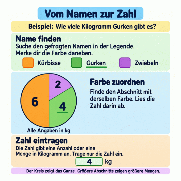 Suche den gefragten Namen in der Legende und finde den Kreisabschnitt mit derselben Farbe. Lies seine Zahl ab und trage nur diese Zahl ein. Die Zahl kann eine Anzahl oder eine Menge in Kilogramm angeben. Im Gemüsebeispiel stehen Kürbisse für 6 kg, Gurken für 4 kg und Zwiebeln für 2 kg. Zur Gurkenfrage gehört deshalb 4 kg; eingetragen wird nur 4. Der ganze Kreis zeigt alle Mengen zusammen. Größere Abschnitte zeigen größere Mengen. Vom Namen zur Zahl Name finden: Suche den gefragten Namen in der Legende. Merke dir die Farbe daneben. Farbe zuordnen: Finde den Abschnitt mit derselben Farbe. Lies die Zahl darin ab. Zahl eintragen: Die Zahl gibt eine Anzahl oder eine Menge in Kilogramm an. Trage nur die Zahl ein. Der Kreis zeigt das Ganze. Größere Abschnitte zeigen größere Mengen. Beispiel: Wie viele Kilogramm Gurken gibt es? Alle Angaben in kg Kürbisse Gurken Zwiebeln 6 4 2 kg