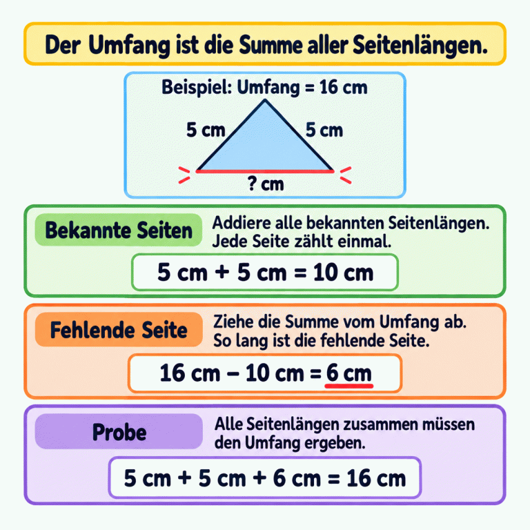 Rechenbeispiel mit einem Dreieck: Zwei bekannte Seiten sind jeweils 5 cm lang, eine Seite ist unbekannt. Der Umfang beträgt 16 cm. Die bekannten Seiten ergeben zusammen 10 cm. 16 cm minus 10 cm ergibt die fehlende Seitenlänge von 6 cm. Die Probe ergibt: 5 cm plus 5 cm plus 6 cm sind 16 cm. Der gleiche Rechenweg gilt auch für Figuren mit mehr Seiten. Bekannte Seiten: Addiere alle bekannten Seitenlängen. Jede Seite zählt einmal. Fehlende Seite: Ziehe die Summe vom Umfang ab. So lang ist die fehlende Seite. Probe: Alle Seitenlängen zusammen müssen den Umfang ergeben. Der Umfang ist die Summe aller Seitenlängen. Beispiel: Umfang = 16 cm 5 cm ? cm 5 cm + 5 cm = 10 cm 16 cm − 10 cm = 6 cm 5 cm + 5 cm + 6 cm = 16 cm