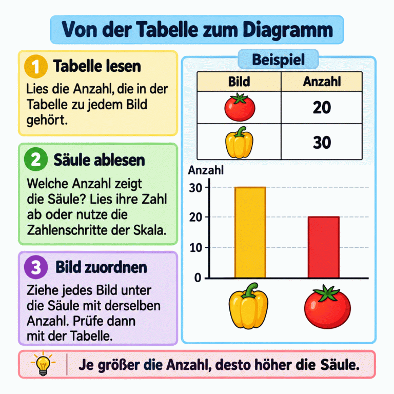 Eine Beispiel-Tabelle ordnet einer Tomate die Anzahl 20 und einer Paprika die Anzahl 30 zu. Darunter zeigt ein Säulendiagramm dieselben Daten in anderer Reihenfolge: Paprika unter der höheren Säule bei 30, Tomate unter der niedrigeren Säule bei 20. Die Skala beginnt bei 0 und steigt in Zehnerschritten. Drei Textabschnitte erklären das Lesen, Ablesen und Zuordnen. Von der Tabelle zum Diagramm Tabelle lesen: Lies die Anzahl, die in der Tabelle zu jedem Bild gehört. Säule ablesen: Welche Anzahl zeigt die Säule? Lies ihre Zahl ab oder nutze die Zahlenschritte der Skala. Bild zuordnen: Ziehe jedes Bild unter die Säule mit derselben Anzahl. Prüfe dann mit der Tabelle. Je größer die Anzahl, desto höher die Säule. Beispiel Bild Anzahl 10 20 30 1 2 3