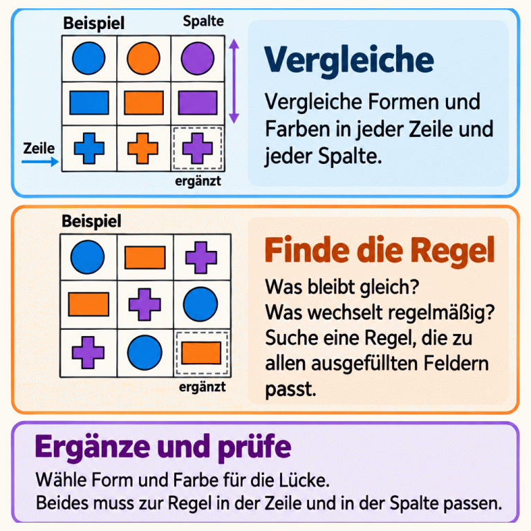Zwei Lehrbeispiele zeigen unterschiedliche Tabellenmuster. Im ersten haben die Figuren jeder Zeile dieselbe Form und die Figuren jeder Spalte dieselbe Farbe. Im zweiten verschiebt sich eine regelmäßige Folge aus drei Form-Farb-Paaren von Zeile zu Zeile. Rechts unten ist jeweils eine passende Figur als ergänzt markiert. Die Anleitung erklärt: Formen und Farben in Zeilen und Spalten vergleichen, die Regel an allen ausgefüllten Feldern prüfen und jede Lücke passend zu beiden Richtungen ergänzen. Vergleiche: Vergleiche Formen und Farben in jeder Zeile und jeder Spalte. Finde die Regel: Was bleibt gleich? Was wechselt regelmäßig? Suche eine Regel, die zu allen ausgefüllten Feldern passt. Ergänze und prüfe: Wähle Form und Farbe für die Lücke. Beides muss zur Regel in der Zeile und in der Spalte passen. Beispiel Zeile Spalte ergänzt