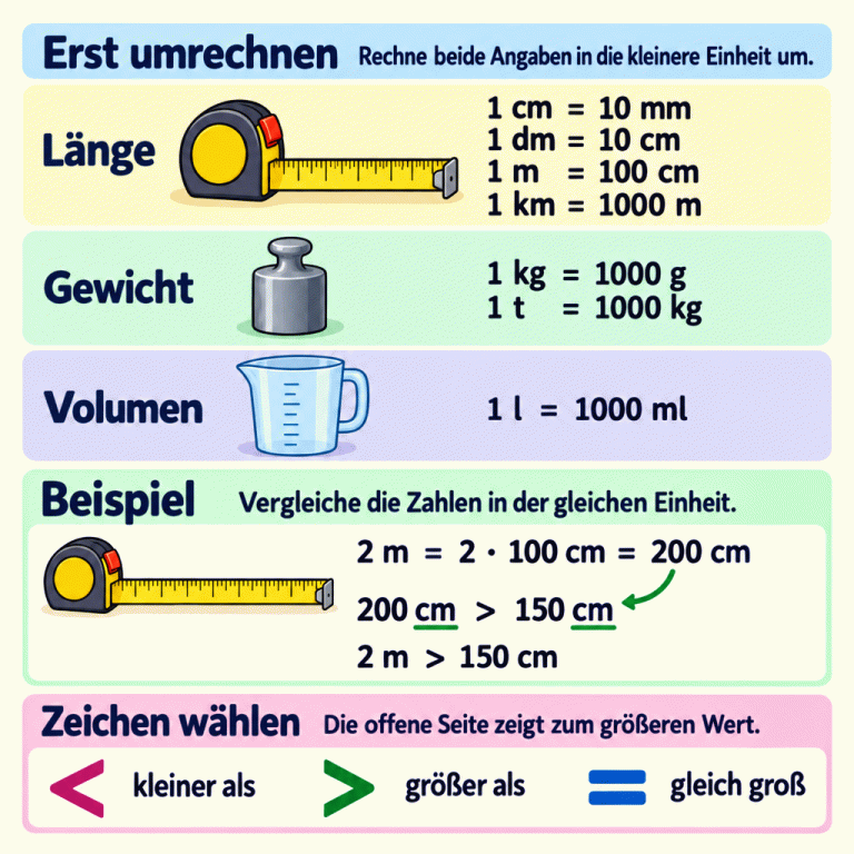Die Karte erklärt drei Schritte: in die kleinere Einheit umrechnen, die Zahlen vergleichen und das Zeichen wählen. Ein Zentimeter entspricht zehn Millimetern, ein Dezimeter zehn Zentimetern, ein Meter hundert Zentimetern und ein Kilometer tausend Metern. Ein Kilogramm entspricht tausend Gramm, eine Tonne tausend Kilogramm und ein Liter tausend Millilitern. Im Beispiel sind zwei Meter zweimal hundert Zentimeter, also zweihundert Zentimeter. Das ist größer als hundertfünfzig Zentimeter. Deshalb gilt: 2 m > 150 cm. Die Legende zeigt die Zeichen für kleiner als, größer als und gleich groß. Die offene Seite zeigt zum größeren Wert. Erst umrechnen: Rechne beide Angaben in die kleinere Einheit um. Beispiel: Vergleiche die Zahlen in der gleichen Einheit. Zeichen wählen: Die offene Seite zeigt zum größeren Wert. Länge 1 cm = 10 mm
1 dm = 10 cm
1 m = 100 cm
1 km = 1000 m Gewicht 1 kg = 1000 g
1 t = 1000 kg Volumen 1 l = 1000 ml 2 m = 2 · 100 cm = 200 cm 200 cm > 150 cm 2 m > 150 cm < kleiner als > größer als = gleich groß