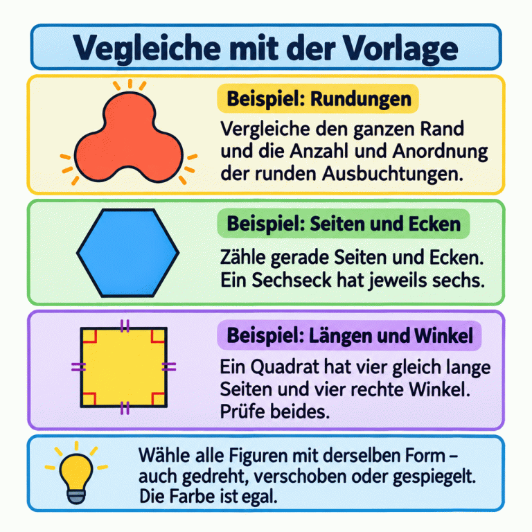 Drei Lehrbeispiele zeigen eine Figur mit drei runden Ausbuchtungen, ein Sechseck mit sechs geraden Seiten und sechs Ecken sowie ein Quadrat mit vier gleich langen Seiten und vier rechten Winkeln. Verglichen werden der ganze Rand, Rundungen, Seiten, Ecken, Längen und Winkel. Wähle alle Figuren mit derselben Form wie die Vorlage. Farbe, Drehung, Verschiebung und Spiegelung ändern die Form nicht. Vergleiche mit der Vorlage Beispiel: Rundungen: Vergleiche den ganzen Rand und die Anzahl und Anordnung der runden Ausbuchtungen. Beispiel: Seiten und Ecken: Zähle gerade Seiten und Ecken. Ein Sechseck hat jeweils sechs. Beispiel: Längen und Winkel: Ein Quadrat hat vier gleich lange Seiten und vier rechte Winkel. Prüfe beides. Wähle alle Figuren mit derselben Form – auch gedreht, verschoben oder gespiegelt. Die Farbe ist egal.