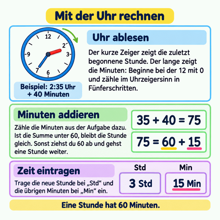 Die Karte erklärt das Ablesen, Addieren und Eintragen einer späteren Uhrzeit. Die Beispieluhr zeigt 2:35 Uhr: Der kurze Zeiger steht zwischen 2 und 3, der lange zeigt auf 7. Hinzu kommen 40 Minuten. Die Rechnung lautet 35 plus 40 gleich 75; 75 Minuten sind 60 Minuten und 15 Minuten. Eine volle Stunde kommt dazu. Im Beispiel werden 3 bei Std und 15 bei Min eingetragen. Bleibt die Minutensumme unter 60, bleibt die Stunde gleich. Mit der Uhr rechnen Uhr ablesen: Der kurze Zeiger zeigt die zuletzt begonnene Stunde. Der lange zeigt die Minuten: Beginne bei der 12 mit 0 und zähle im Uhrzeigersinn in Fünferschritten. Minuten addieren: Zähle die Minuten aus der Aufgabe dazu. Ist die Summe unter 60, bleibt die Stunde gleich. Sonst ziehst du 60 ab und gehst eine Stunde weiter. Zeit eintragen: Trage die neue Stunde bei „Std“ und die übrigen Minuten bei „Min“ ein. Eine Stunde hat 60 Minuten. 12 2 3 6 7 9 Beispiel: 2:35 Uhr + 40 Minuten 35 + 40 = 75 75 = 60 + 15 3 Std 15 Min Std Min