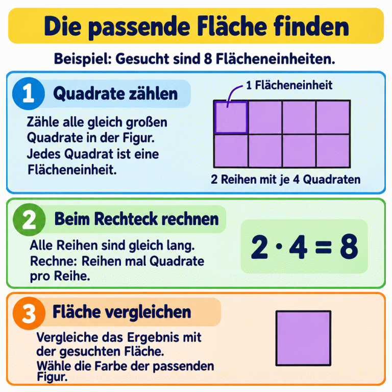 Anleitung zum Finden einer Figur mit der gesuchten Fläche. Im gekennzeichneten Beispiel werden acht Flächeneinheiten gesucht. Ein Rechteck besteht aus zwei Reihen mit je vier gleich großen Quadraten. Ein einzelnes Quadrat ist als eine Flächeneinheit bezeichnet. Zwei mal vier ergibt acht und passt zur Beispielvorgabe. Ein einzelnes Farbfeld hat dieselbe Farbe wie das Rechteck. Die Anleitung erklärt: Quadrate zählen, bei Rechtecken die Reihen nutzen und nach dem Flächenvergleich die passende Farbe wählen. Die passende Fläche finden Quadrate zählen: Zähle alle gleich großen Quadrate in der Figur. Jedes Quadrat ist eine Flächeneinheit. Beim Rechteck rechnen: Alle Reihen sind gleich lang. Rechne: Reihen mal Quadrate pro Reihe. Fläche vergleichen: Vergleiche das Ergebnis mit der gesuchten Fläche. Wähle die Farbe der passenden Figur. Beispiel: Gesucht sind 8 Flächeneinheiten. 1 Flächeneinheit 2 Reihen mit je 4 Quadraten 2 · 4 = 8 1 2 3