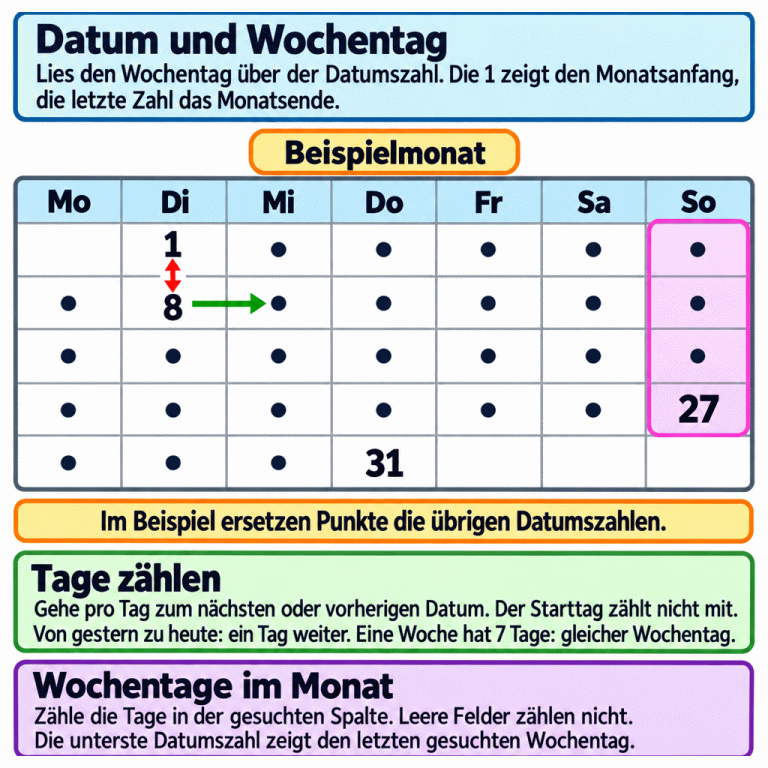 Ein Beispielmonat mit 31 Tagen beginnt am Dienstag und endet am Donnerstag. Die Zahlen 1 und 8 stehen in der Dienstagsspalte. Ein Doppelpfeil zwischen ihnen zeigt eine Woche Abstand. Ein Pfeil von 8 zum benachbarten Mittwoch zeigt einen Tag weiter. Punkte ersetzen die übrigen Datumszahlen. In der Sonntagsspalte stehen drei Punkte und die 27, also vier Sonntage. Das Feld darunter ist leer. Die 27 ist der letzte Sonntag; die 31 unter Donnerstag ist das Monatsende. Datum und Wochentag: Lies den Wochentag über der Datumszahl. Die 1 zeigt den Monatsanfang, die letzte Zahl das Monatsende. Tage zählen: Gehe pro Tag zum nächsten oder vorherigen Datum. Der Starttag zählt nicht mit. Von gestern zu heute: ein Tag weiter. Eine Woche hat 7 Tage: gleicher Wochentag. Wochentage im Monat: Zähle die Tage in der gesuchten Spalte. Leere Felder zählen nicht. Die unterste Datumszahl zeigt den letzten gesuchten Wochentag. Im Beispiel ersetzen Punkte die übrigen Datumszahlen. Beispielmonat Mo Di Mi Do Fr Sa So 1 8 27 31