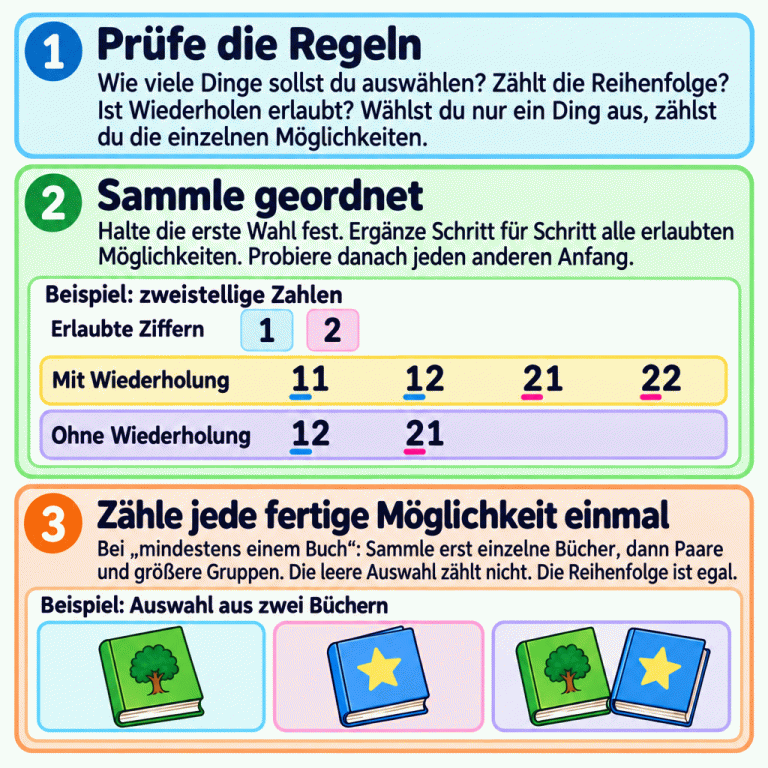 Prüfe zuerst, wie viele Dinge du auswählst, ob die Reihenfolge zählt und ob Wiederholen erlaubt ist. Halte einen Anfang fest und sammle alle erlaubten Fortsetzungen. Im Beispiel mit den Ziffern 1 und 2 entstehen mit Wiederholung die zweistelligen Zahlen 11, 12, 21 und 22. Ohne Wiederholung bleiben 12 und 21. Das Buchbeispiel zeigt zwei verschiedene Bücher: jedes allein und beide gemeinsam. Bei mindestens einem Buch zählt die leere Auswahl nicht; dieselben ausgewählten Bücher zählen unabhängig von ihrer Reihenfolge nur einmal. Zähle jede fertige Möglichkeit einmal. Prüfe die Regeln: Wie viele Dinge sollst du auswählen? Zählt die Reihenfolge? Ist Wiederholen erlaubt? Wählst du nur ein Ding aus, zählst du die einzelnen Möglichkeiten. Sammle geordnet: Halte die erste Wahl fest. Ergänze Schritt für Schritt alle erlaubten Möglichkeiten. Probiere danach jeden anderen Anfang. Zähle jede fertige Möglichkeit einmal: Bei „mindestens einem Buch“: Sammle erst einzelne Bücher, dann Paare und größere Gruppen. Die leere Auswahl zählt nicht. Die Reihenfolge ist egal. Beispiel: zweistellige Zahlen Erlaubte Ziffern 1 2 Mit Wiederholung Ohne Wiederholung 11 12 21 22 Beispiel: Auswahl aus zwei Büchern 1 2 3