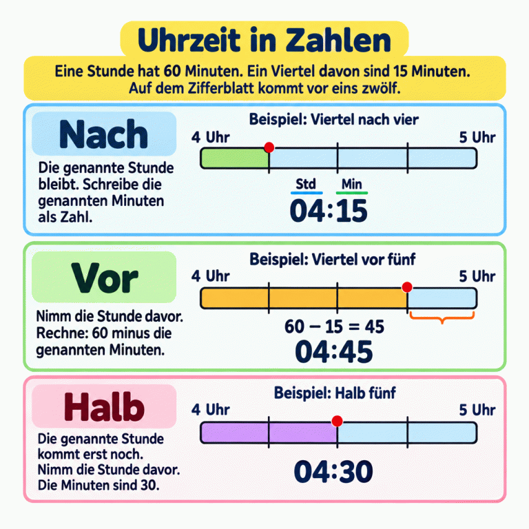 Drei Lehrbeispiele zeigen eine Stunde von vier bis fünf Uhr als Streifen mit vier Viertelstunden. Viertel nach vier liegt nach dem ersten Viertel und ergibt 04:15. Viertel vor fünf liegt nach drei Vierteln; 60 minus 15 ergibt 45, also 04:45. Halb fünf liegt in der Mitte und ergibt 04:30. Std bezeichnet die Stunden, Min die Minuten. Die Regeln gelten auch für andere genannte Stunden und Minuten. Uhrzeit in Zahlen Nach: Die genannte Stunde bleibt. Schreibe die genannten Minuten als Zahl. Vor: Nimm die Stunde davor. Rechne: 60 minus die genannten Minuten. Halb: Die genannte Stunde kommt erst noch. Nimm die Stunde davor. Die Minuten sind 30. Eine Stunde hat 60 Minuten. Ein Viertel davon sind 15 Minuten. Auf dem Zifferblatt kommt vor eins zwölf. 4 Uhr 5 Uhr Beispiel: Viertel nach vier 04:15 Std Min Beispiel: Viertel vor fünf 60 − 15 = 45 04:45 Beispiel: Halb fünf 04:30