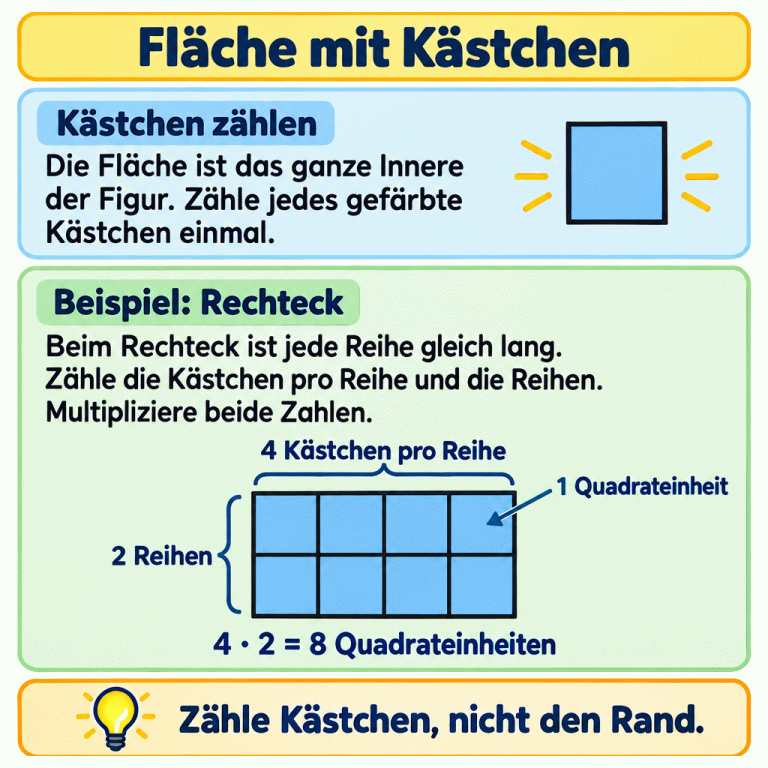 Die Fläche umfasst das ganze Innere einer Figur. Jedes gefärbte Kästchen wird einmal gezählt, nicht der Rand. Das gekennzeichnete Rechteckbeispiel besteht aus zwei Reihen mit je vier gleich großen Quadraten. Ein Kästchen entspricht einer Quadrateinheit. Vier mal zwei ergibt acht Quadrateinheiten. Fläche mit Kästchen Kästchen zählen: Die Fläche ist das ganze Innere der Figur. Zähle jedes gefärbte Kästchen einmal. Beispiel: Rechteck: Beim Rechteck ist jede Reihe gleich lang. Zähle die Kästchen pro Reihe und die Reihen. Multipliziere beide Zahlen. Zähle Kästchen, nicht den Rand. 1 Quadrateinheit 4 Kästchen pro Reihe 2 Reihen 4 · 2 = 8 Quadrateinheiten