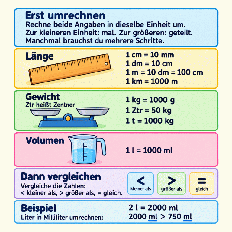 Die Lernkarte erklärt: Rechne beide Angaben in dieselbe Einheit um und vergleiche dann die Zahlen. Zur kleineren Einheit rechnest du mal, zur größeren geteilt; manchmal sind mehrere Schritte nötig. Beim Lineal stehen die Längenregeln: 1 cm sind 10 mm, 1 dm sind 10 cm, 1 m sind 10 dm oder 100 cm, 1 km sind 1000 m. Bei der Waage stehen: 1 kg sind 1000 g, 1 Zentner, abgekürzt Ztr, sind 50 kg und 1 t sind 1000 kg. Beim Messbecher steht: 1 l sind 1000 ml. Die Zeichen bedeuten kleiner als, größer als und gleich. Im einzigen Beispiel werden 2 l zu 2000 ml umgerechnet; 2000 ml sind größer als 750 ml. Erst umrechnen: Rechne beide Angaben in dieselbe Einheit um.
Zur kleineren Einheit: mal. Zur größeren: geteilt.
Manchmal brauchst du mehrere Schritte. Dann vergleichen: Vergleiche die Zahlen:
< kleiner als, > größer als, = gleich. Beispiel: Liter in Milliliter umrechnen: Länge 1 cm = 10 mm 1 dm = 10 cm 1 m = 10 dm = 100 cm 1 km = 1000 m Gewicht
Ztr heißt Zentner 1 kg = 1000 g 1 Ztr = 50 kg 1 t = 1000 kg Volumen 1 l = 1000 ml 2 l = 2000 ml
2000 ml > 750 ml < kleiner als > größer als = gleich