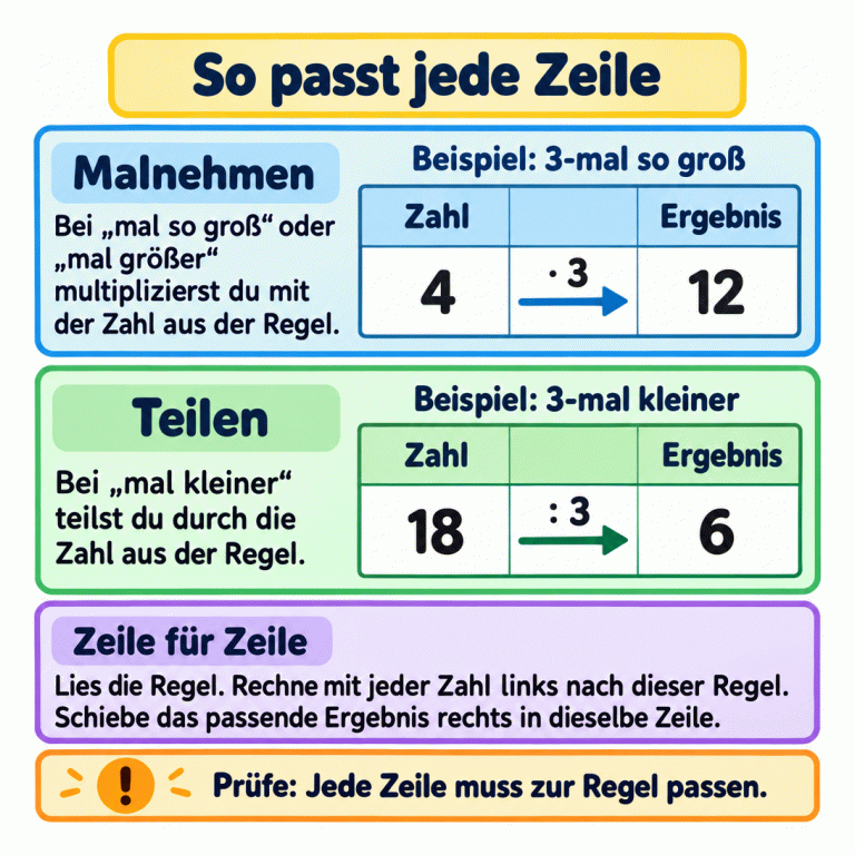 Zwei getrennte Tabellenbeispiele: Bei 3-mal so groß wird 4 mit 3 multipliziert und ergibt 12. Bei 3-mal kleiner wird 18 durch 3 geteilt und ergibt 6. Die Ausgangszahl steht jeweils links, das passende Ergebnis rechts in derselben Zeile. Lies die aktuelle Regel, rechne mit jeder Ausgangszahl, ordne die Ergebnisse zu und prüfe jede Zeile. So passt jede Zeile Malnehmen: Bei „mal so groß“ oder „mal größer“ multiplizierst du mit der Zahl aus der Regel. Teilen: Bei „mal kleiner“ teilst du durch die Zahl aus der Regel. Zeile für Zeile: Lies die Regel. Rechne mit jeder Zahl links nach dieser Regel. Schiebe das passende Ergebnis rechts in dieselbe Zeile. Prüfe: Jede Zeile muss zur Regel passen. Beispiel: 3-mal so groß Beispiel: 3-mal kleiner Zahl Ergebnis 4 12 · 3 18 6 : 3 !