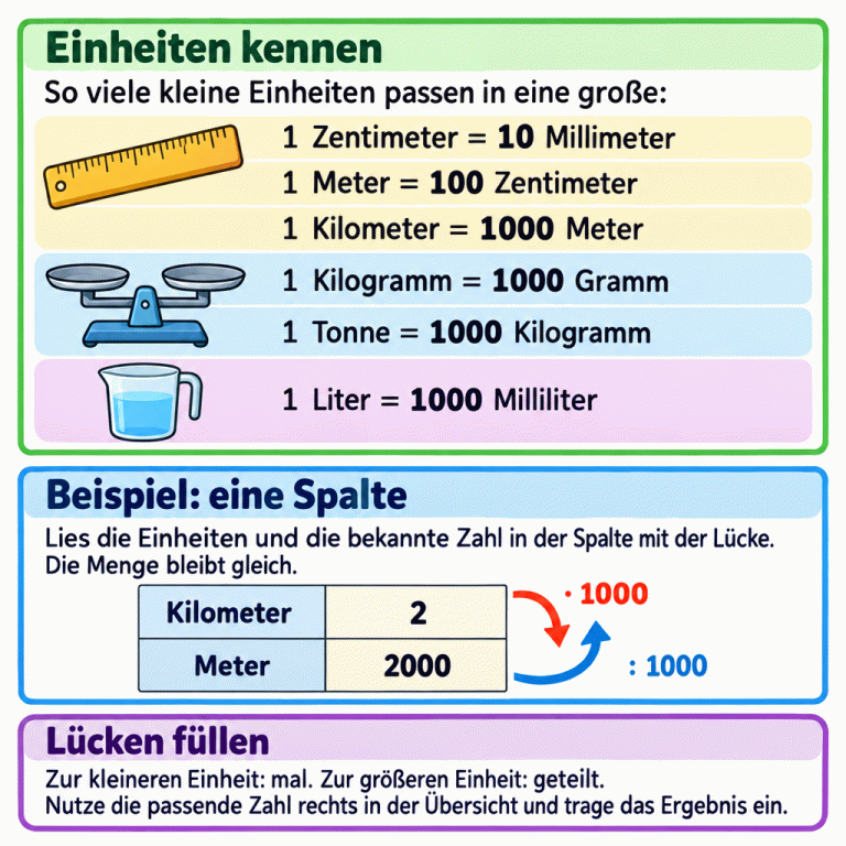 Die Übersicht zeigt sechs Zusammenhänge: Ein Zentimeter entspricht zehn Millimetern, ein Meter hundert Zentimetern, ein Kilometer tausend Metern, ein Kilogramm tausend Gramm, eine Tonne tausend Kilogramm und ein Liter tausend Millilitern. Eine ausdrücklich gekennzeichnete Beispielspalte enthält 2 Kilometer und 2000 Meter als dieselbe Länge. Zur kleineren Einheit führt ein Pfeil mit mal 1000, zurück zur größeren Einheit ein Pfeil mit geteilt durch 1000. Für jede Lücke wird die bekannte Zahl derselben Spalte mit dem passenden Faktor umgerechnet. Einheiten kennen: So viele kleine Einheiten passen in eine große: Beispiel: eine Spalte: Lies die Einheiten und die bekannte Zahl in der Spalte mit der Lücke. Die Menge bleibt gleich. Lücken füllen: Zur kleineren Einheit: mal. Zur größeren Einheit: geteilt. Nutze die passende Zahl rechts in der Übersicht und trage das Ergebnis ein. 1 Zentimeter = 10 Millimeter 1 Meter = 100 Zentimeter 1 Kilometer = 1000 Meter 1 Kilogramm = 1000 Gramm 1 Tonne = 1000 Kilogramm 1 Liter = 1000 Milliliter Kilometer Meter 2 2000 · 1000 : 1000