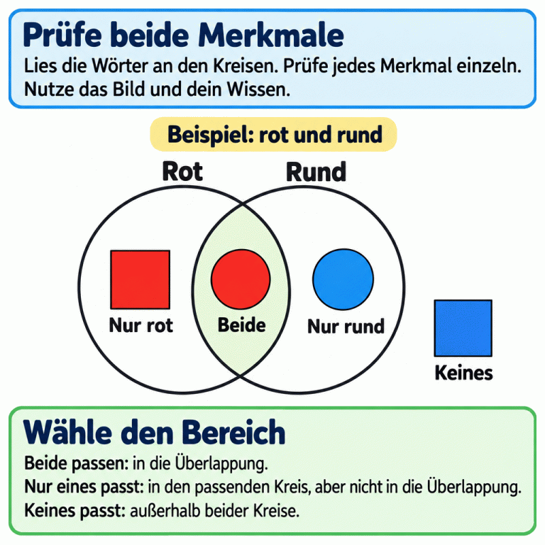 Beispiel mit zwei sich überschneidenden Kreisen namens Rot und Rund. Ein rotes Quadrat liegt nur im Kreis Rot. Eine rote Kreisscheibe liegt in der Überlappung. Eine blaue Kreisscheibe liegt nur im Kreis Rund. Ein blaues Quadrat liegt außerhalb beider Kreise. Die Anleitung erklärt, wie du jedes Merkmal einzeln prüfst und den passenden Bereich wählst. Prüfe beide Merkmale: Lies die Wörter an den Kreisen. Prüfe jedes Merkmal einzeln. Nutze das Bild und dein Wissen. Wähle den Bereich: Beide passen: in die Überlappung.
Nur eines passt: in den passenden Kreis, aber nicht in die Überlappung.
Keines passt: außerhalb beider Kreise. Beispiel: rot und rund Rot Rund Nur rot Beide Nur rund Keines