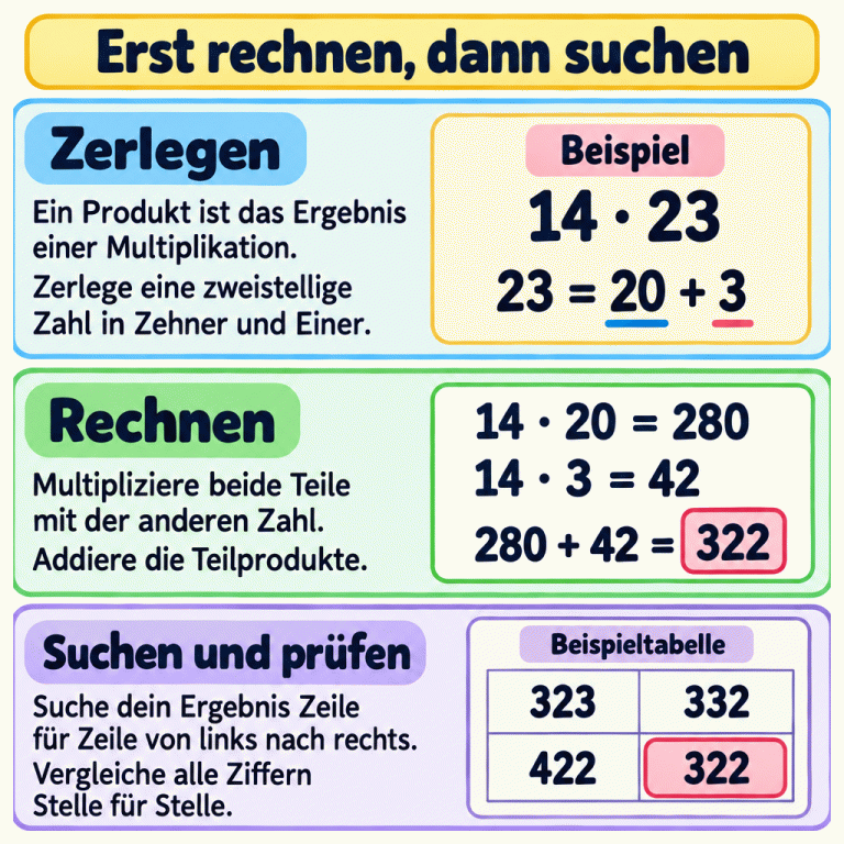 Die Karte erklärt das Berechnen und Suchen eines Produkts. Im Beispiel 14 mal 23 wird 23 in 20 und 3 zerlegt. 14 mal 20 ergibt 280, 14 mal 3 ergibt 42. Die Summe ist 322. Diese Zahl wird in einer kleinen Beispieltabelle gefunden. Die Anleitung fordert dazu auf, Zeile für Zeile zu suchen und alle Ziffern Stelle für Stelle zu vergleichen. Erst rechnen, dann suchen Zerlegen: Ein Produkt ist das Ergebnis einer Multiplikation. Zerlege eine zweistellige Zahl in Zehner und Einer. Rechnen: Multipliziere beide Teile mit der anderen Zahl. Addiere die Teilprodukte. Suchen und prüfen: Suche dein Ergebnis Zeile für Zeile von links nach rechts. Vergleiche alle Ziffern Stelle für Stelle. Beispiel 14 · 23 23 = 20 + 3 14 · 20 = 280 14 · 3 = 42 280 + 42 = 322 Beispieltabelle 323 332 422 322